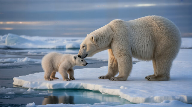 A mother polar bear and her cub standing on a melting ice floe in the arctic ocean surrounded by water and icebergs under a cloudy sky