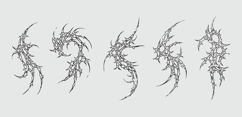 Gothic Neo-Tribal Cybersigilism Vector Set. Futuristic Linework and Occult Tattoo Core Symbols. Modern Cyberpunk Patterns for Streetwear, Clothing Brand Graphics, and Edgy T-Shirt Design Elements. © Candra Fiction