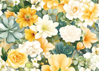 Obraz premium Seamless Floral Pattern with Yellow Roses and Succulents on White Background Lush Summer Garden Illustration with Crowded Yellow and White Blooms and Green Foliage
