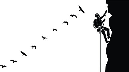Black Silhouette of Man Rock Climbing on Steep Cliff Wall with Safety Rope and Harness with Birds Flying Background for Extreme Sports Adventure Concept © MstRupali