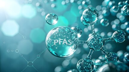 Obraz premium PFAS Molecule Close-Up in Water – Forever Chemicals Contamination Concept, Molecular Structure, Environmental Pollution, Scientific Background, Aqua Blue Macro Bubbles