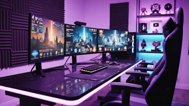 Immersive triple monitor gaming station with vibrant purple light
