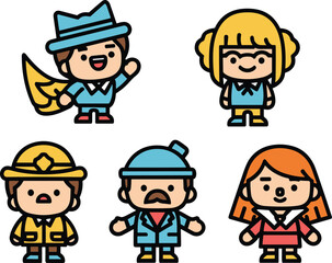 Naklejka premium Cute cartoon character set featuring diverse avatars including a firefighter, detective, student, and businessman in a flat vector line style.
