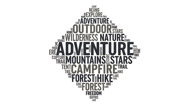 Black and white word cloud of adventure and nature terms isolated on a transparent background