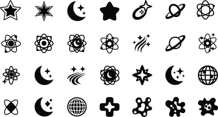 Collection of celestial and atomic symbols, black planet star moon and science icons vector illustration, astronomy space design elements. © Nahl