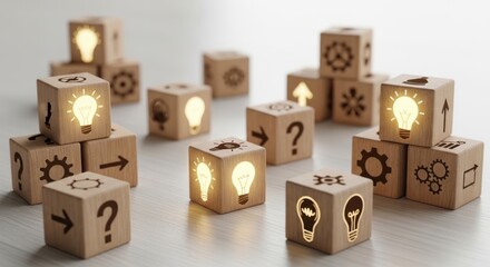 Wooden Blocks with Lightbulb and Gear Icons - Symbolizing Ideas and Innovation