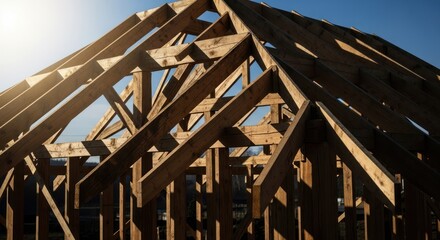Wooden house frame construction, roof trusses, building progress, sunny day