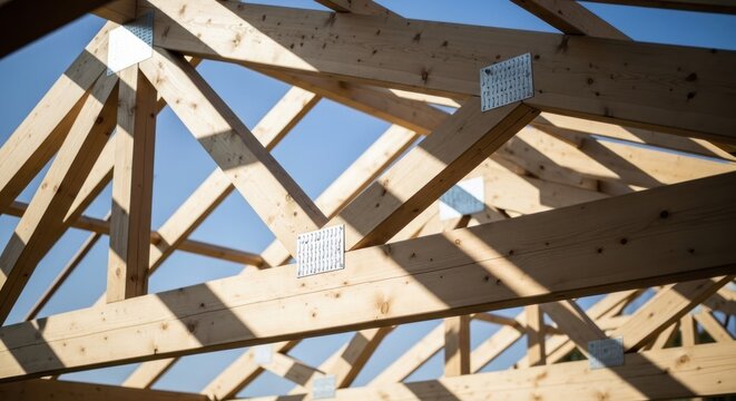 Wooden roof trusses under construction, sunlight and shadows, blue sky background