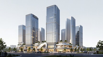 Naklejka premium A modern cityscape with sleek skyscrapers and urban architecture under a clear sky