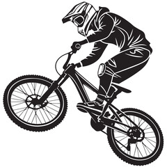 Naklejka premium Mountain Biker Jumping Silhouette, Downhill MTB Rider in Action Vector Illustration