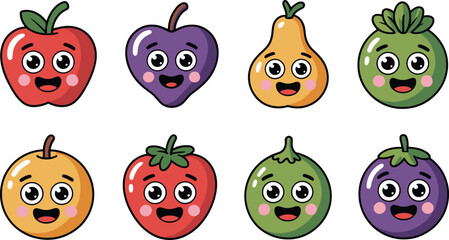 Cute fruit cartoon character icon set, smiling apple pear grape strawberry kids food mascot illustrations