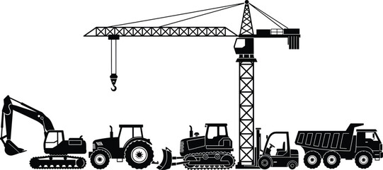 Heavy construction equipment silhouettes with crane excavator tractor bulldozer forklift and dump truck isolated black vector illustration © MstSalina