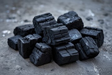 Raw coal chunks scattered on gray surface black coal