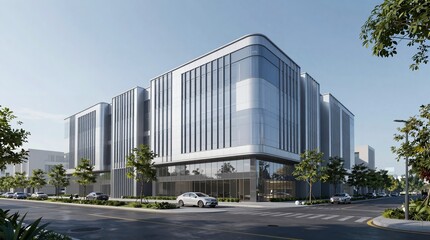 Obraz premium A modern office building with a sleek glass and steel exterior stands on a city street corner