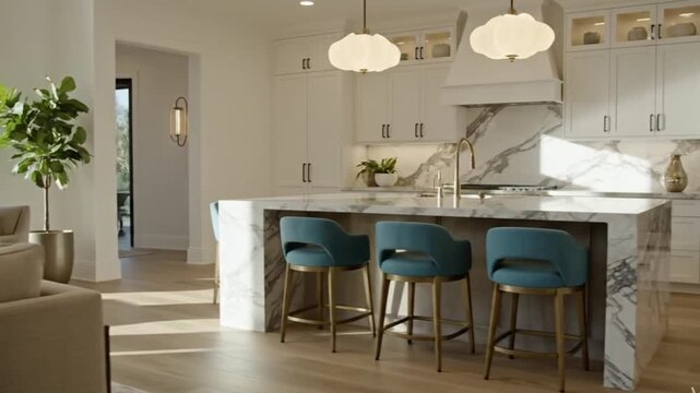 modern luxury kitchen interior with island and bar stools in bright daylight 4K video
