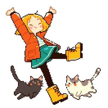Happy Girl Jumping with Cats Pixel Art Character Isolated.