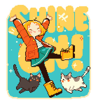 Cheerful pixel art girl dancing with two cats. Isolated illustration of a happy female character in winter coat jumping with pets.