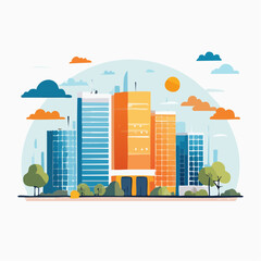 Obraz premium Vibrant and Modern City Skyline Illustration Depicting Urban Architecture and Green Spaces Under a Clear Sky