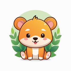 Fototapeta premium Delightful Chibi Style Illustration of a Happy Orange Bear Cub or Hamster Character Sitting Playfully Amidst Green Leaves
