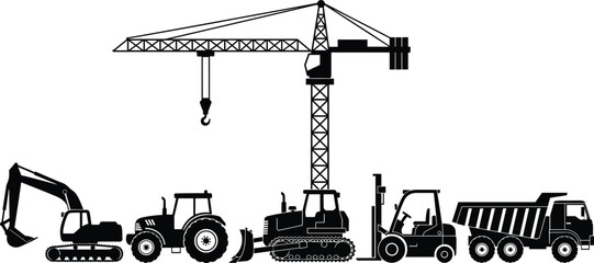 Construction machinery silhouettes including crane excavator tractor bulldozer forklift and dump truck isolated black vector illustration © MstMorshida