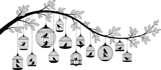 Tree branch with hanging bird cages and birds silhouettes isolated black vector illustration on white background