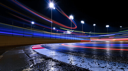 Night illuminated racing track asphalt surface turn on motion blur