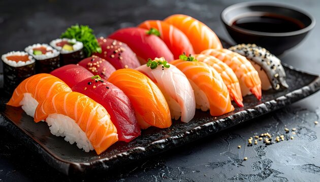 Ultra realistic photo of assorted sushi platter with salmon nigiri, tuna sashimi, and maki rolls. Minimal Japanese style, soft studio lighting, and clean composition. Perfect for restaurant promotion,