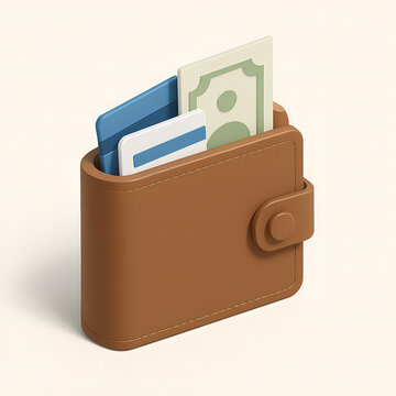 3D isometric leather wallet with credit cards and cash money spending concept