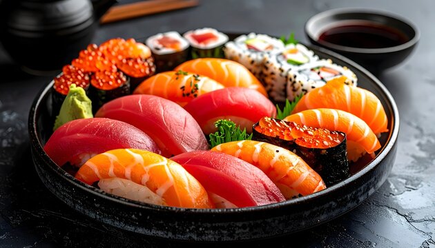 Ultra realistic photo of assorted sushi platter with salmon nigiri, tuna sashimi, and maki rolls. Minimal Japanese style, soft studio lighting, and clean composition. Perfect for restaurant promotion,