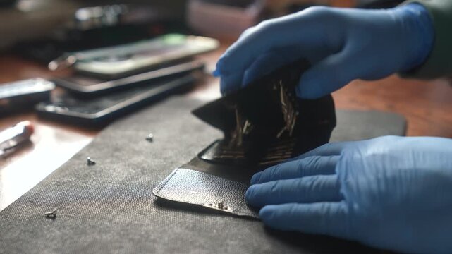 A close up view of a technician gloved hands arranging a toolkit on a workbench, emphasizing precision in a workspace. Slow motion.