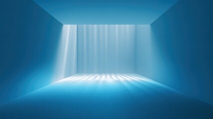 Obraz premium Serene Light and Shadow in Interior Space: Abstract minimalist interior design featuring an open ceiling with streams of bright light pouring into a cool, blue-toned space.