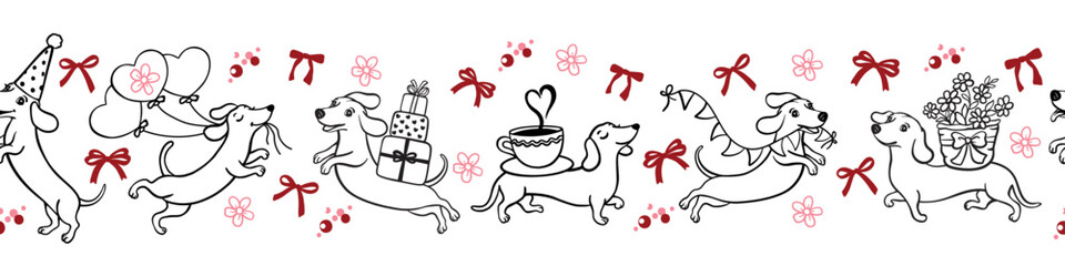 Obraz premium Cute seamless border with funny dachshund dogs, gifts, hearts, and flowers. Hand-drawn doodle style for Valentine's Day, birthdays, or baby nursery textile. Vector illustration