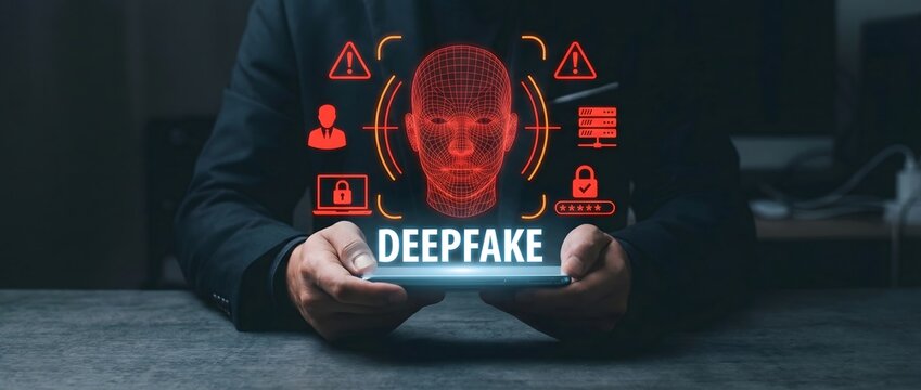 Person holding a smartphone displaying "deepfake" and a holographic grid-like human head with warning signs.