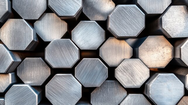 Close up of hexagonal metal rods perfectly stacked together