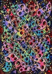 Naklejka premium Small circles with yin yang detailing abstract lines digital floral artwork boho prints pattern textile background design