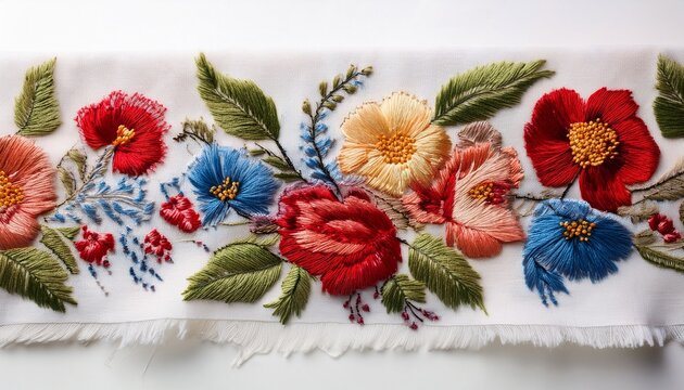 embroidered flowers on the fabric ukrainian folk hand embroidery on white background isolated