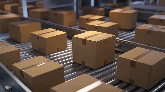 High speed automated warehouse conveyor moving cardboard boxes, smart e commerce fulfillment and scalable logistics supply chain distribution center concept.