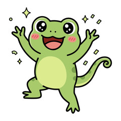 Fototapeta premium Cute Happy Frog Cartoon Illustration Vector Smiling Amphibian Character Sitting on Lily Pad Funny Animal Mascot Flat Design Isolated on White Background Clipart. Happy Frog Vector Illustration.