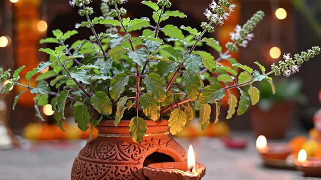 Green Holy Basil Plant in Ornate Terracotta Pot Illuminated by Oil Lamp Amidst Bokeh Lights and Marigold Garland Decorations Celebrating a Sacred Cultural Tradition