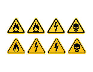 Caution signs set. Fire warning, hazard danger, high voltage icon. Attention, risk, flammable, skull, bone - stock vector.