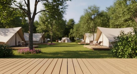 Luxury glamping tents in lush green forest campsite with wooden deck outdoor retreat