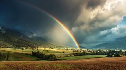 Fototapeta premium Rainbow Arch Over the Landscape: A vivid rainbow arcs gracefully across a tranquil landscape of rolling hills, lush fields, and charming village under a dynamic skyscape.