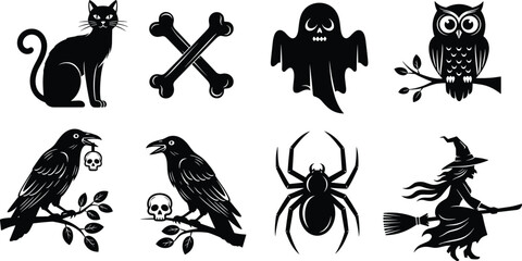 Halloween silhouette illustration set, eight black icons cat bones ghost owl crow spider witch spooky design, vector artwork, holiday and celebration theme, isolated background
