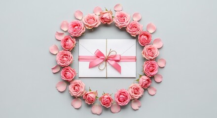 White Gift Box with Pink Ribbon Surrounded by Rose Wreath on Light Background