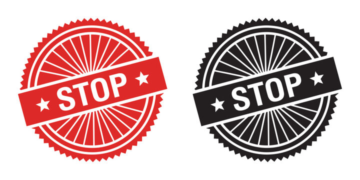 Red and black stop stamps with gear design and star accents