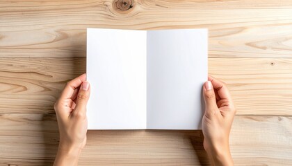 Fototapeta premium Top view of person holding an empty white bifold card open over a light wood surface with natural grain patterns and soft shadows