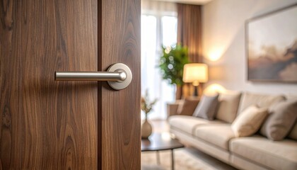 Obraz premium Close up of elegant wooden door with silver handle opening into blurred cozy modern living room with sofa and warm lighting