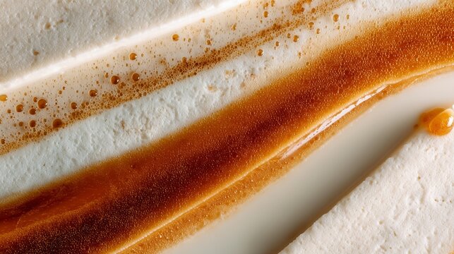 extreme closeup caramel syrup over vanilla ice cream texture