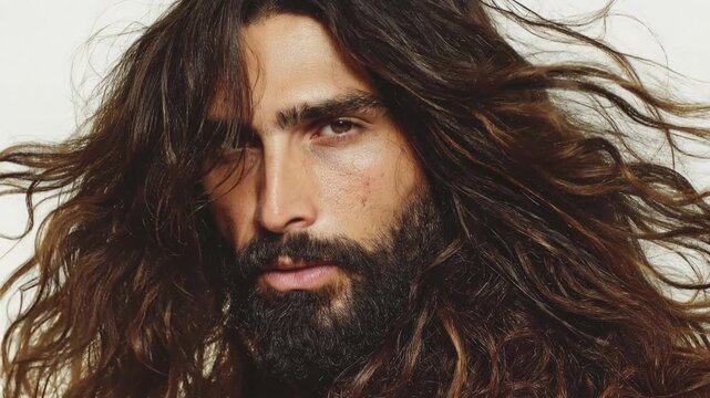 Portrait of long haired bearded man with intense gaze in soft studio light expressing confidence masculinity authenticity and modern fashion character