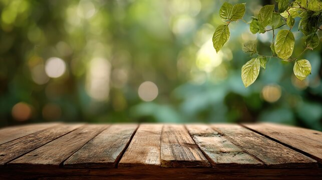 Rustic Tabletop in the Forest: A weathered wooden tabletop, providing a textured foreground for a blurred forest background, evoking a sense of calm and natural simplicity. 